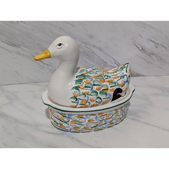 Unbranded Multi-Color Hand Painted Italian Ceramic Small Duck Tureen - Picture 1 of 9